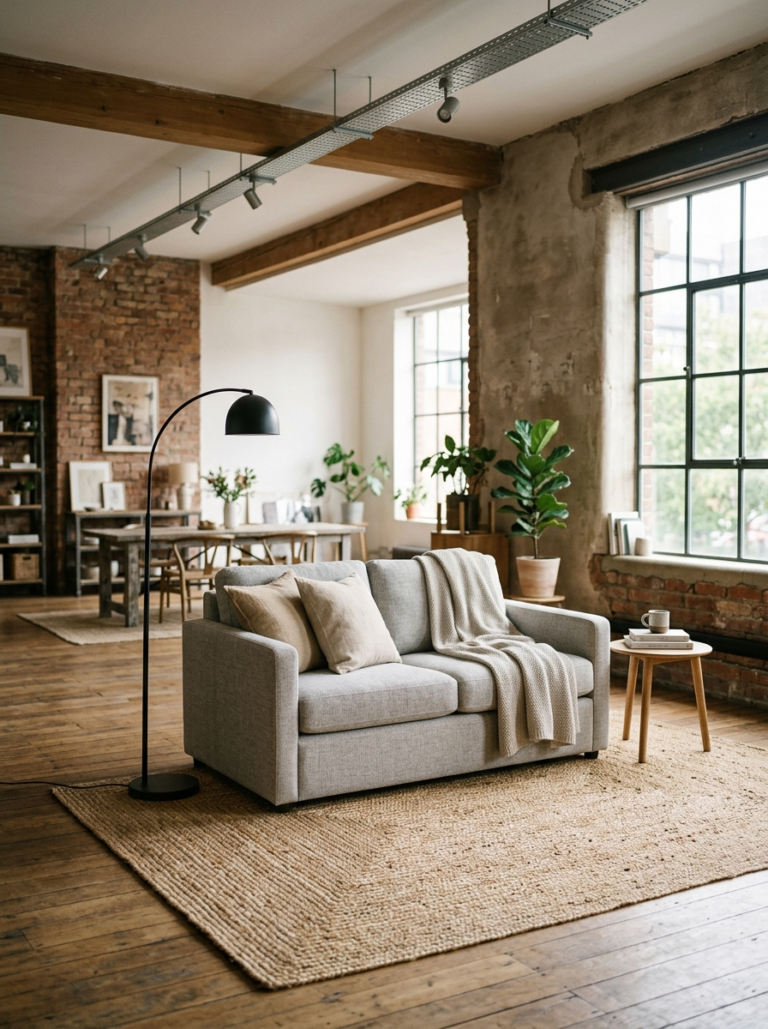 Coin salon de studio délimité par un tapis en jute, avec petit canapé, lampe et table basse