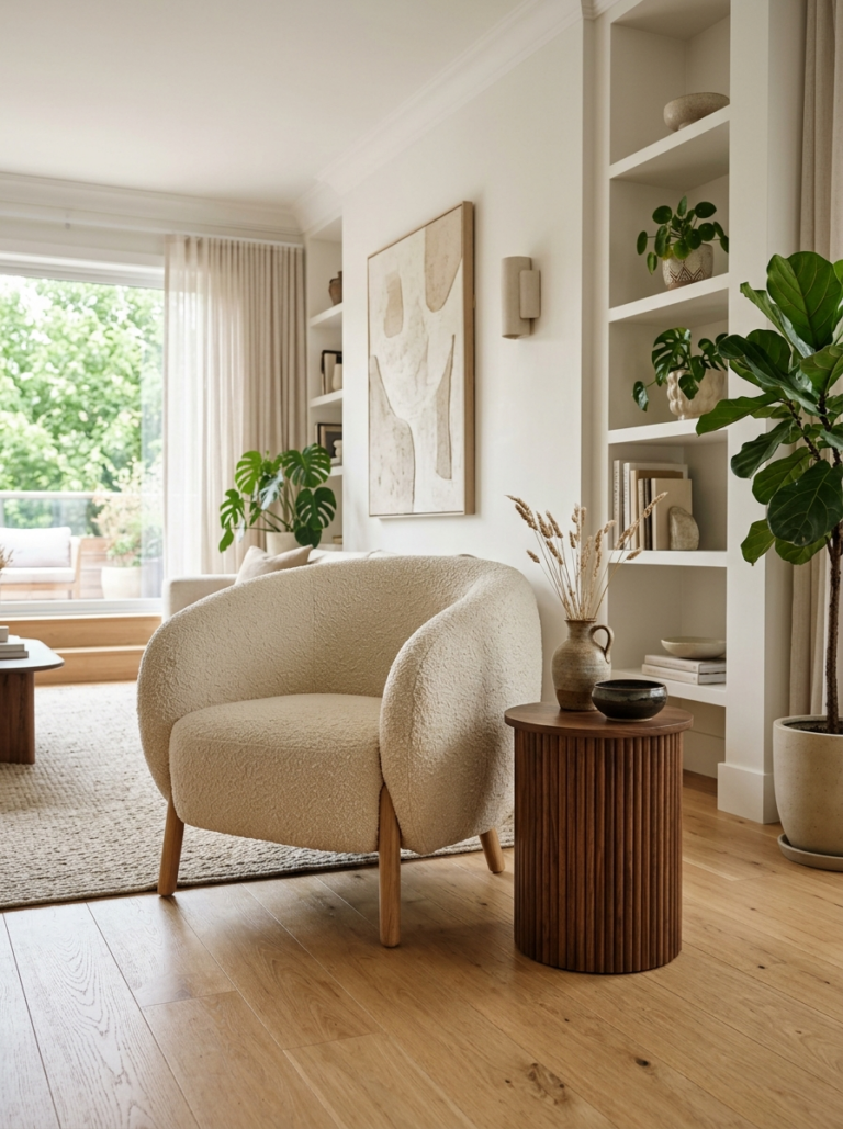 Fauteuil crème en tissu bouclé aux formes arrondies dans un petit intérieur chaleureux