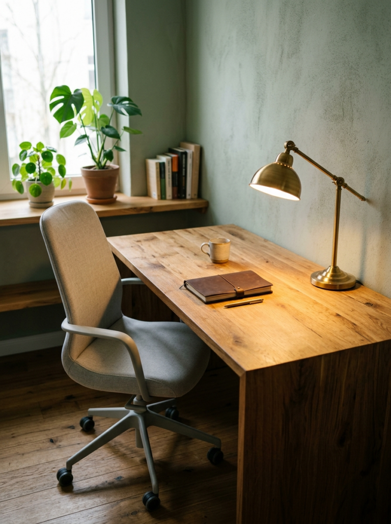 Un focus sur une chaise de bureau confortable et une lampe de travail design qui illumine une partie du bureau.