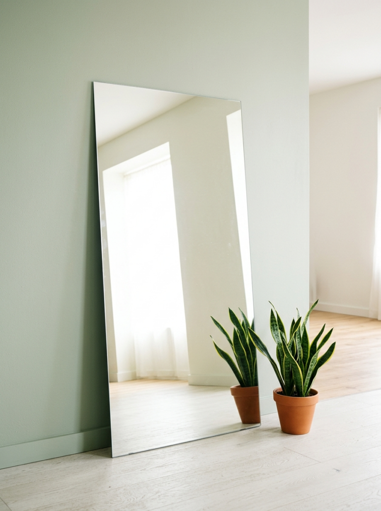 grand miroir posé contre un mur clair pour refléter la lumière et agrandir visuellement un studio