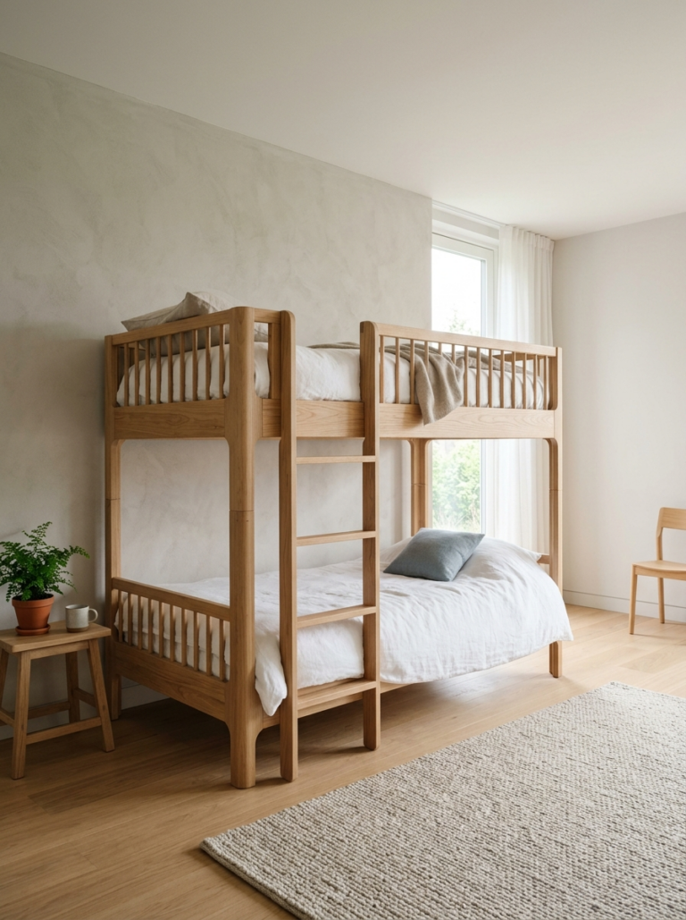 Un lit superposé moderne en bois de style scandinave, photographié comme l'élément central d'une chambre d'enfant.