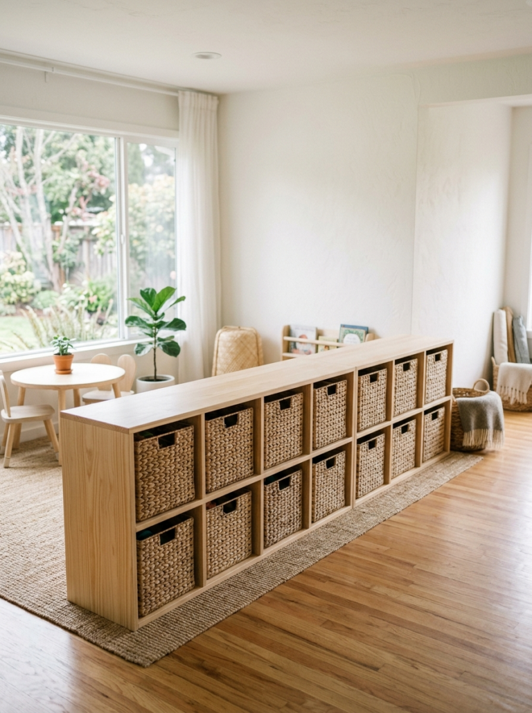 Meuble de rangement bas en bois avec paniers tressés, accessible à un enfant pour organiser les jouets dans sa chambre.