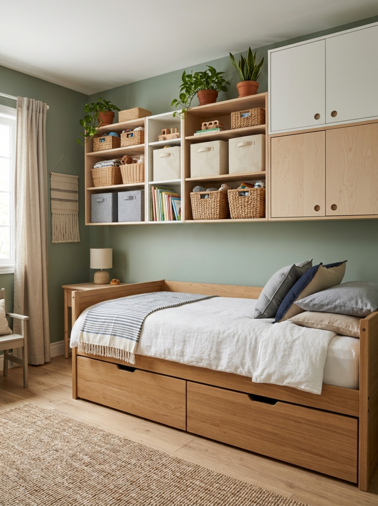 Un mur de chambre d'enfant avec des solutions de rangement intelligentes, incluant des étagères modulaires et des tiroirs sous le lit.