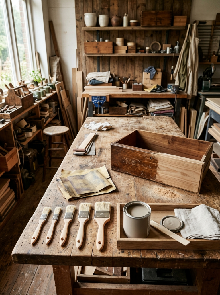 Plan de travail avec pinceaux, papier de verre et tiroir en bois en cours de ponçage pour relooker un meuble