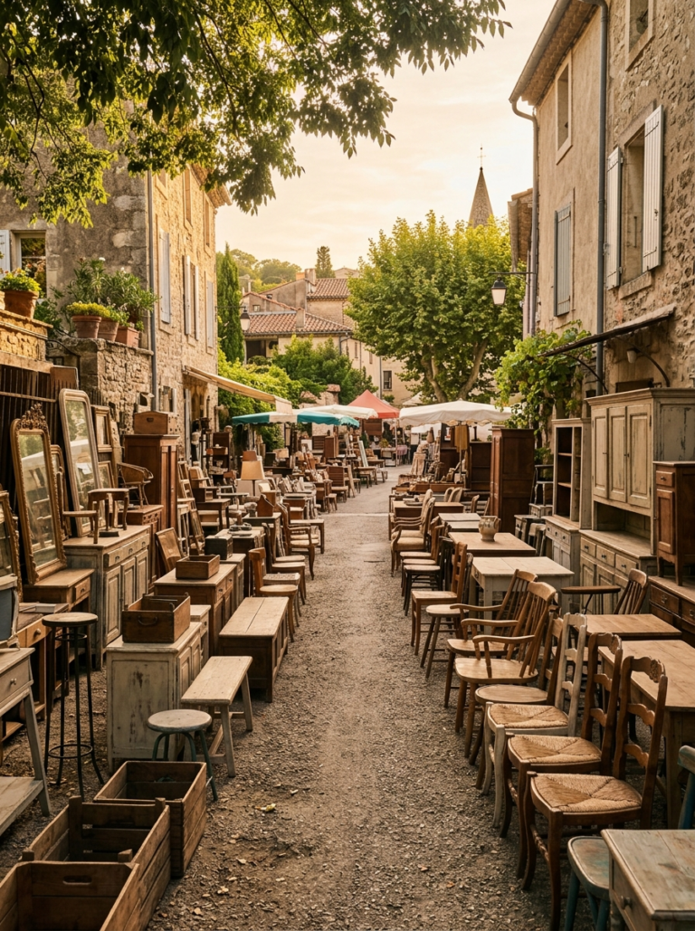 Allée ensoleillée de brocante avec vieux meubles et objets à chiner pour de futurs projets d’upcycling