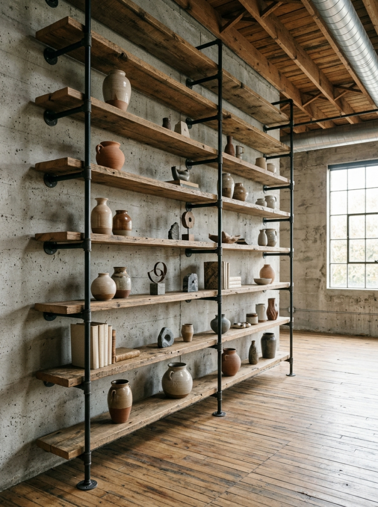 Bibliothèque industrielle composée de planches de récupération et de tuyaux en métal dans un intérieur chaleureux