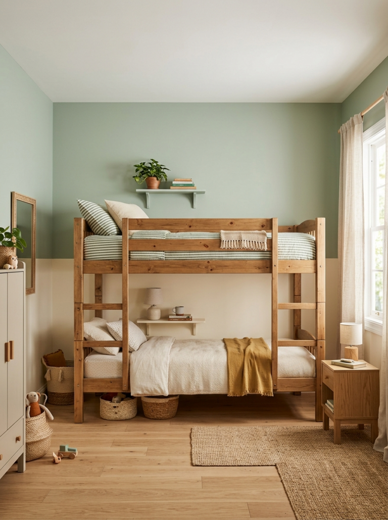 Une chambre d'enfant avec un mur peint en deux couleurs pour délimiter visuellement l'espace de chaque enfant autour de lits superposés.