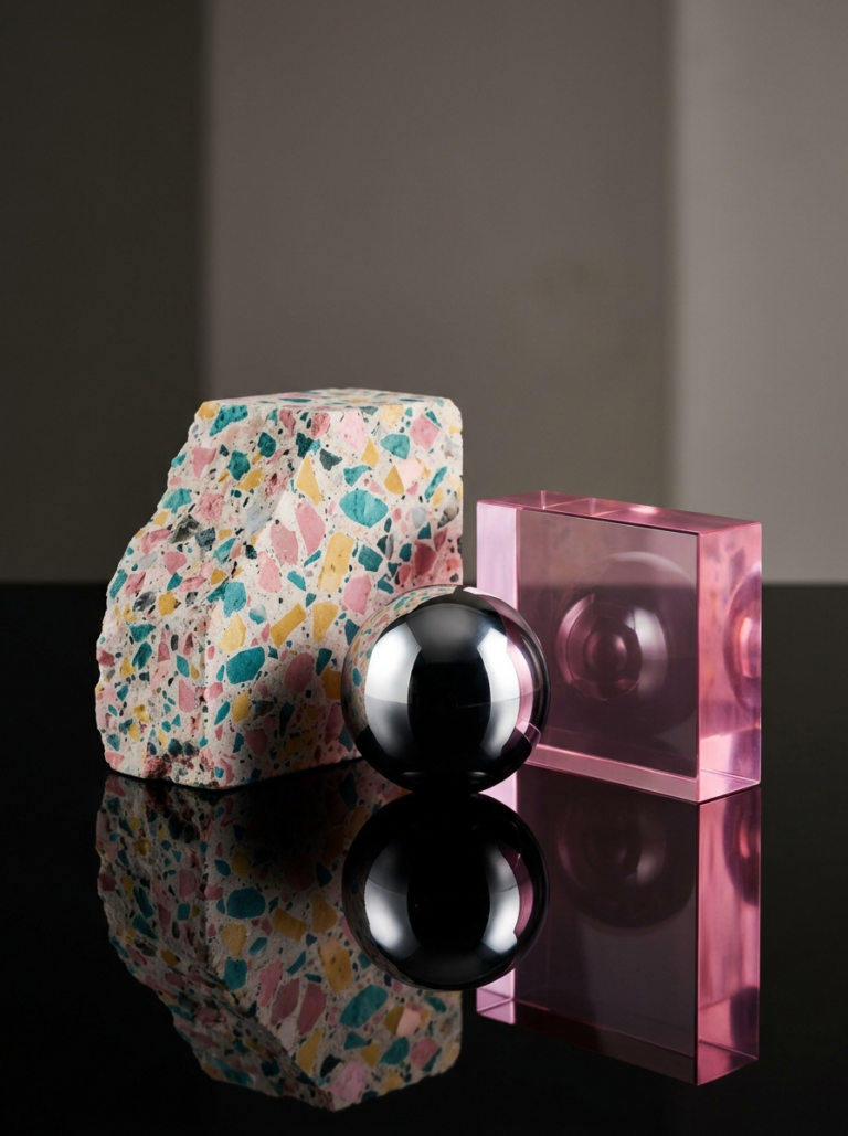 Composition de matières emblématiques des années 80 avec terrazzo coloré, chrome poli et acrylique rose sur une surface laquée noire.