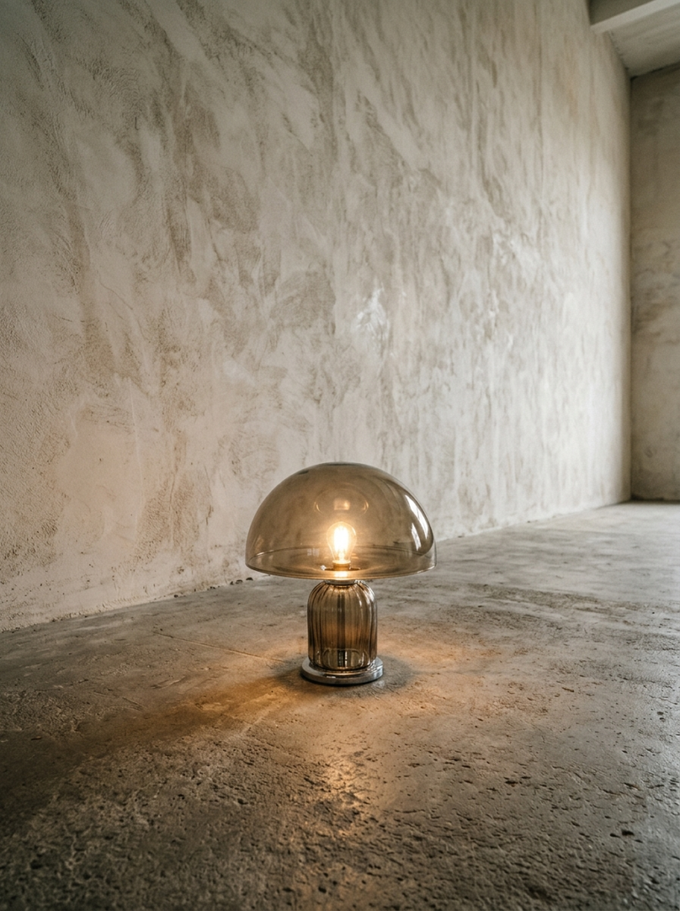 Lampe champignon en verre fumé posée sur un sol en béton, clin d’œil sculptural à la déco des années 80.