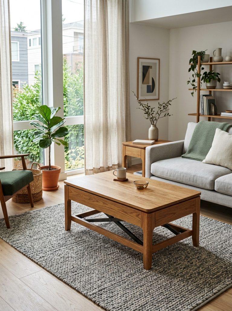 table basse relevable en bois dans un salon de studio optimisé avec canapé clair