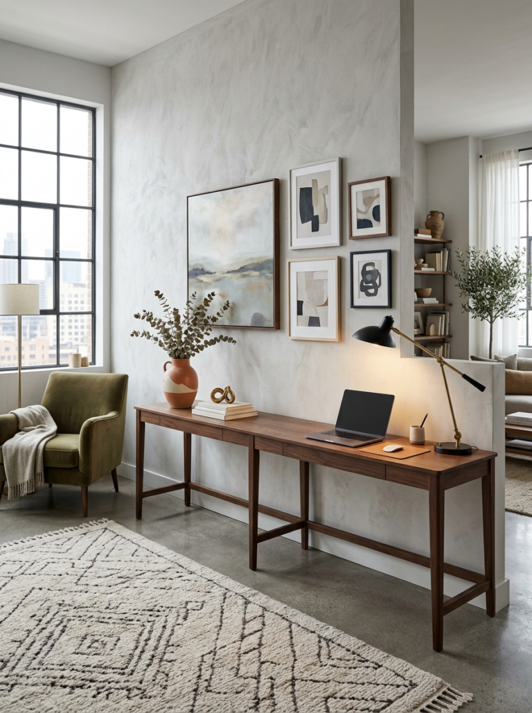 Une table console étroite et multifonctionnelle utilisée comme bureau, avec un ordinateur portable et des objets décoratifs.