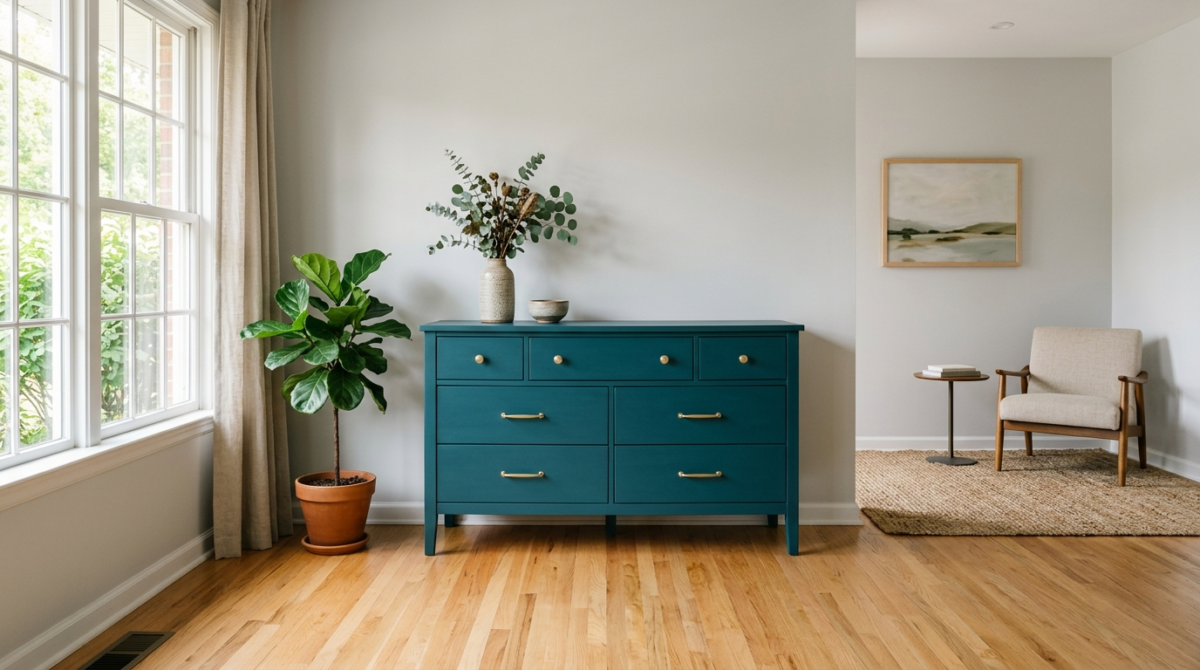 Salon lumineux avec meubles upcyclés et matériaux naturels, illustration d’un guide pour transformer son mobilier