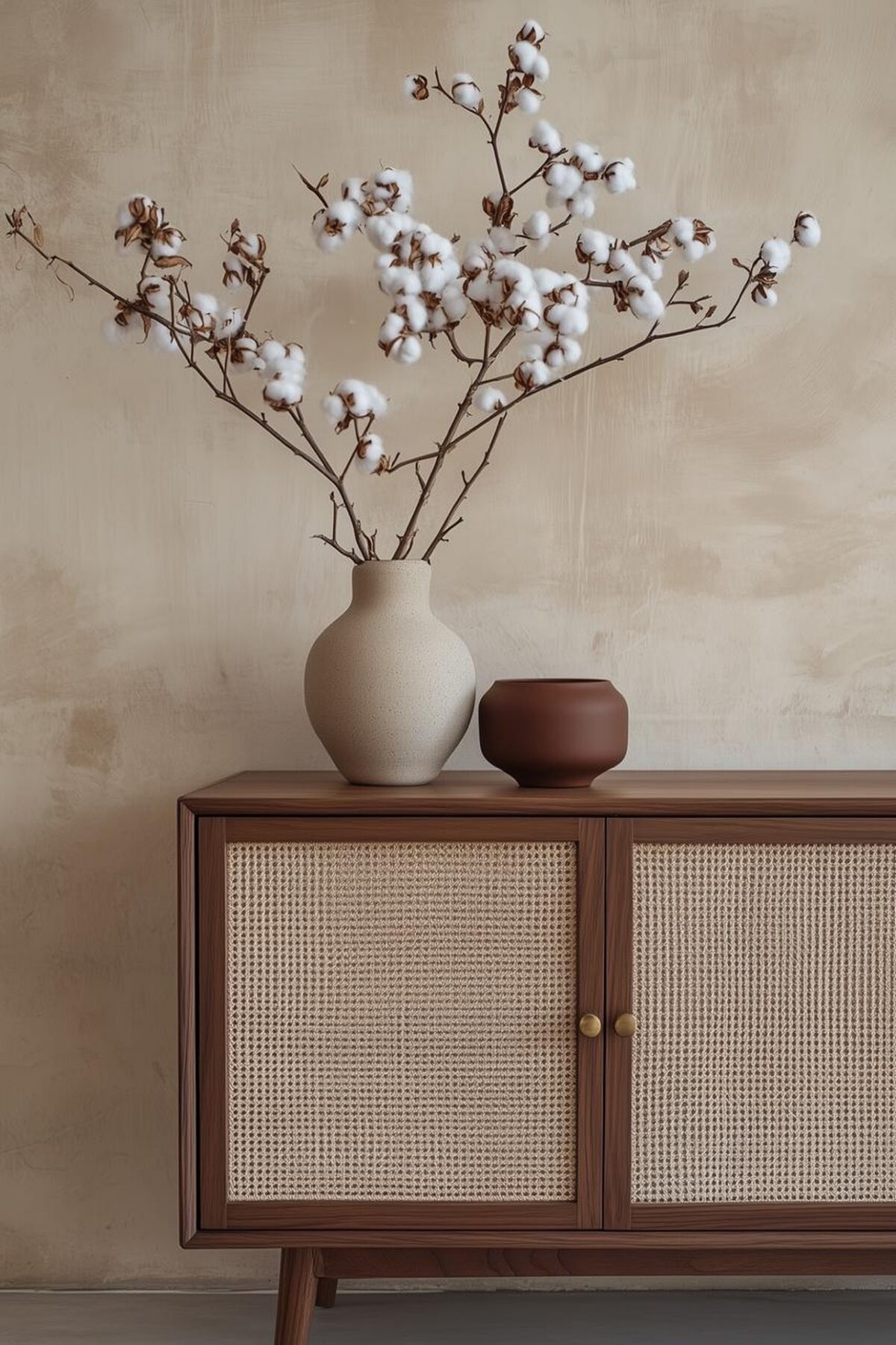 Buffet bas en bois foncé et cannage, décoré de vases en céramique et de branches de coton devant un mur beige texturé