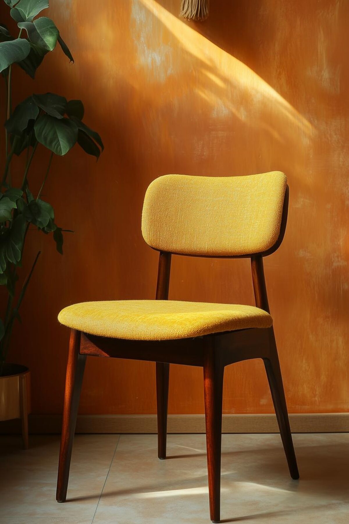 Chaise ancienne en bois foncé retapissée avec un tissu jaune texturé devant un mur ocre lumineux