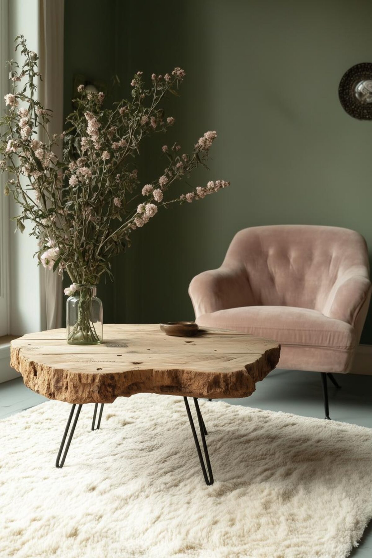 Table basse en bois brut au bord naturel, montée sur pieds épingle dans un salon vert sauge avec fauteuil rose poudré