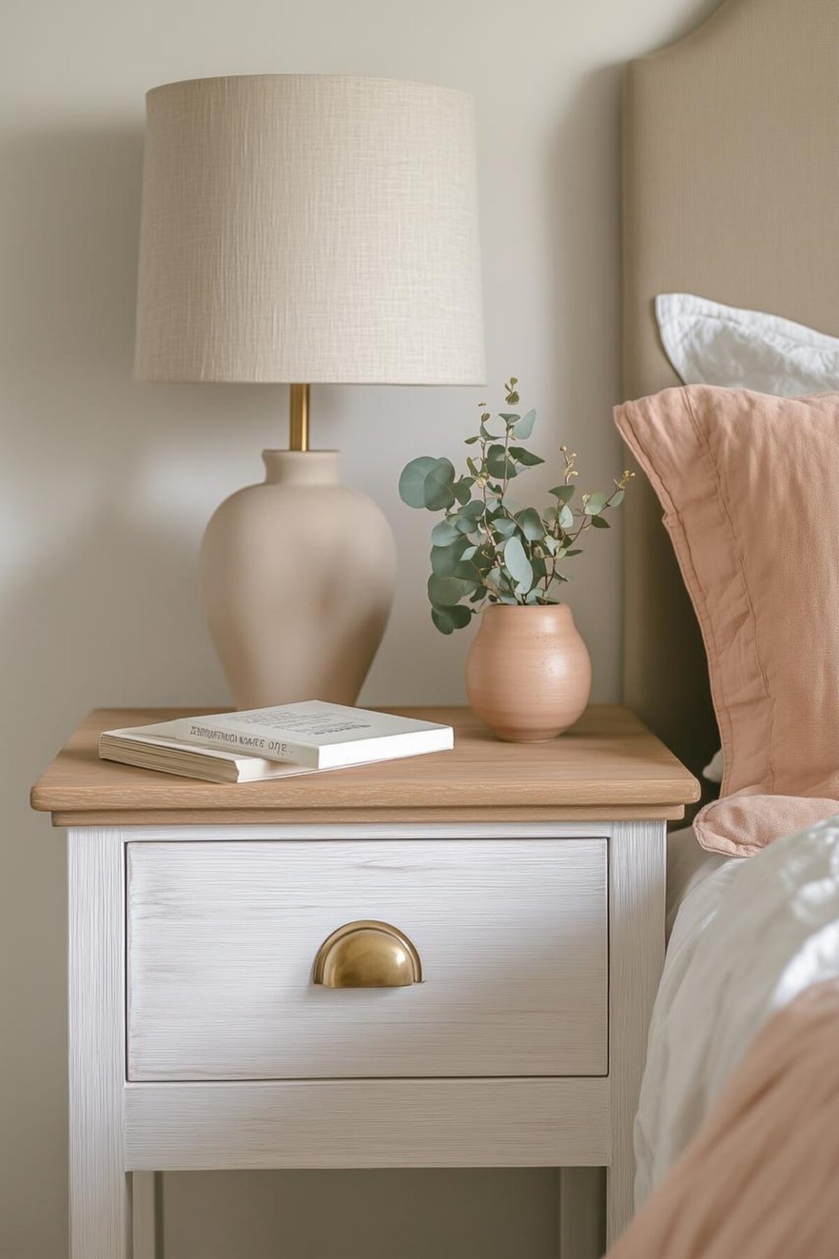 Table de chevet blanche relookée avec plateau en bois clair, poignée coquille en laiton, lampe en céramique et coussins rose poudré