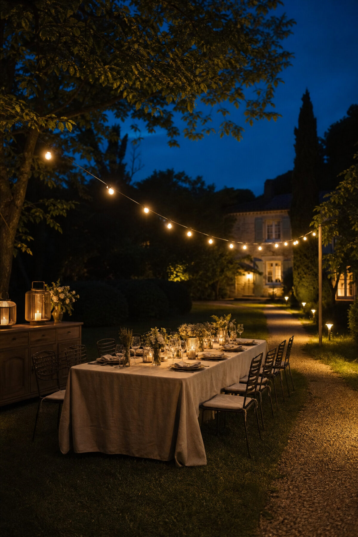 Garden party au crépuscule avec guirlande lumineuse, lanternes sur le buffet, table dressée et chemin éclairé
