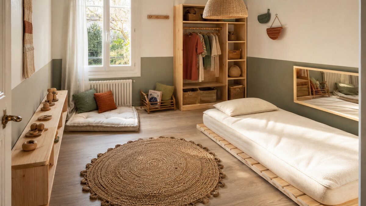 Chambre Montessori lumineuse avec lit bas ventilé, étagère de jeux en bois, penderie à hauteur d’enfant, coin lecture et miroir fixé au mur.