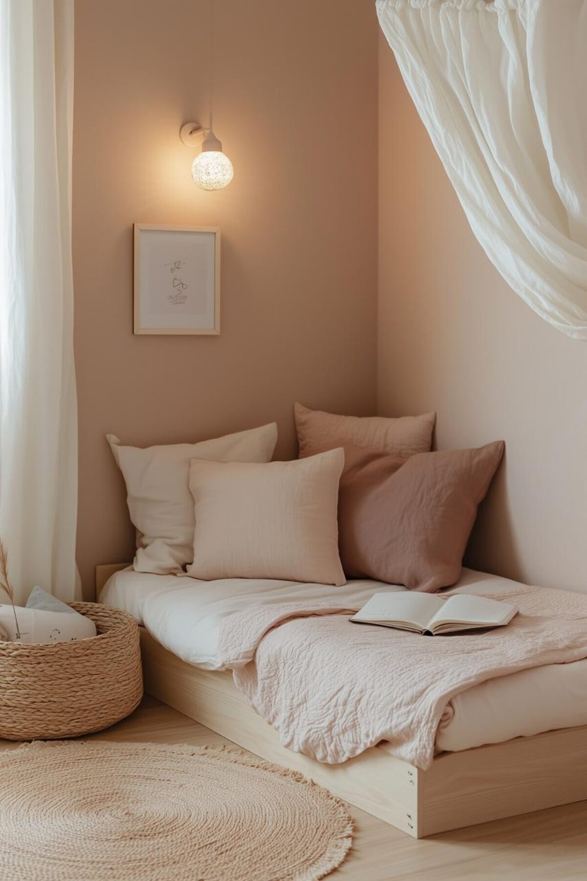 Lit Montessori au sol entouré de coussins, ciel de lit blanc et tapis rond dans une chambre rose poudré.