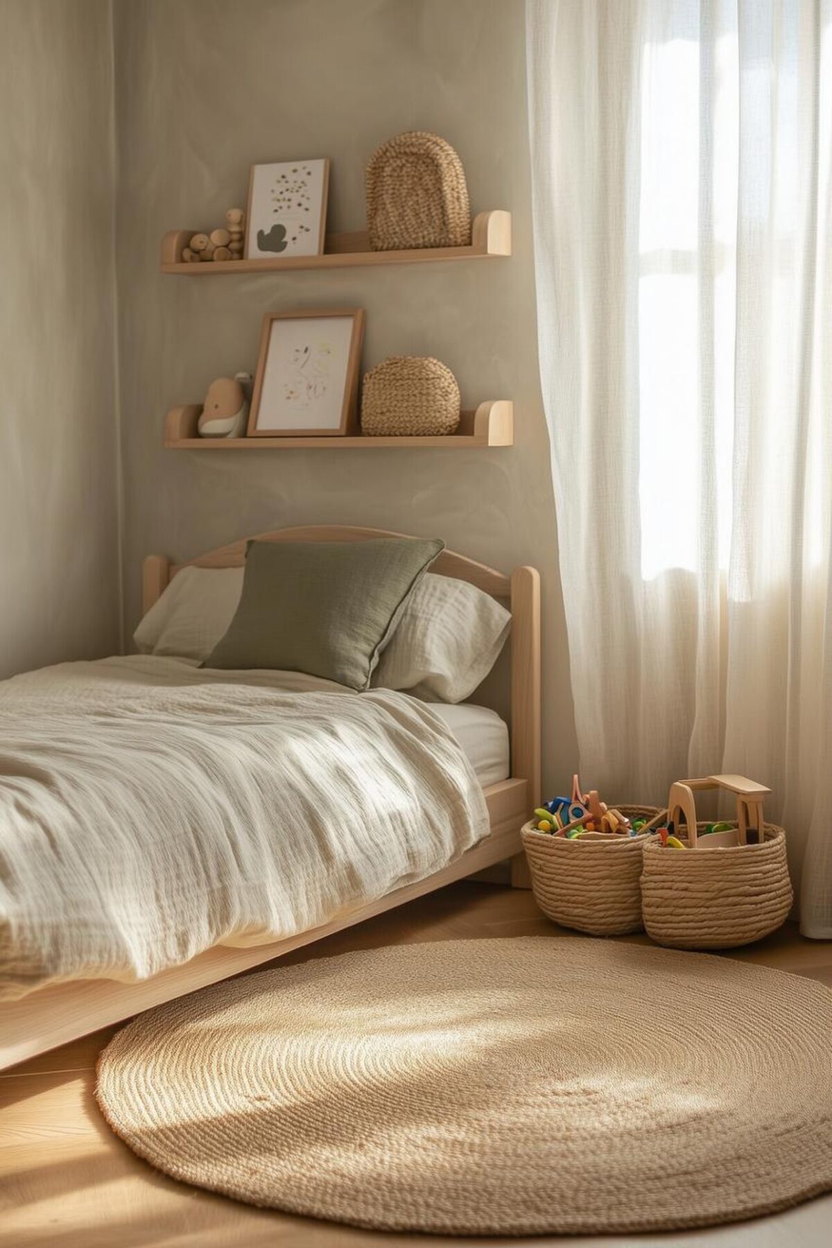 Lit bas en bois naturel avec paniers à jouets, étagères murales et grand tapis rond dans une chambre d’enfant lumineuse.