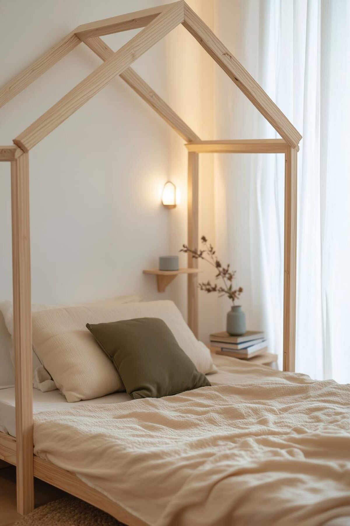 Aménagement chambre Montessori avec lit cabane en bois naturel, linge de lit écru et petite tablette murale.