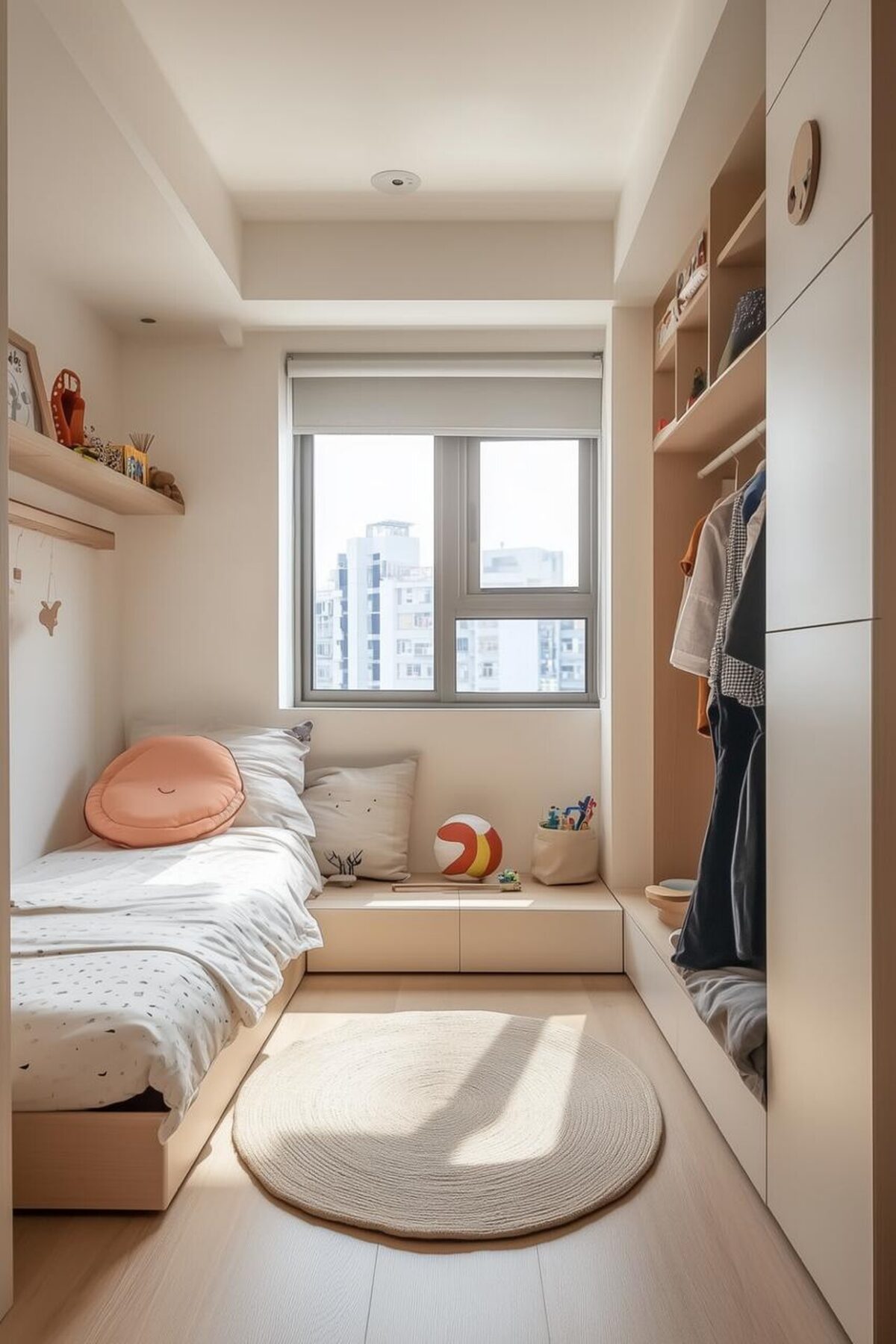 Aménagement chambre Montessori dans une petite pièce avec lit bas, penderie ouverte, rangements intégrés et espace central dégagé.