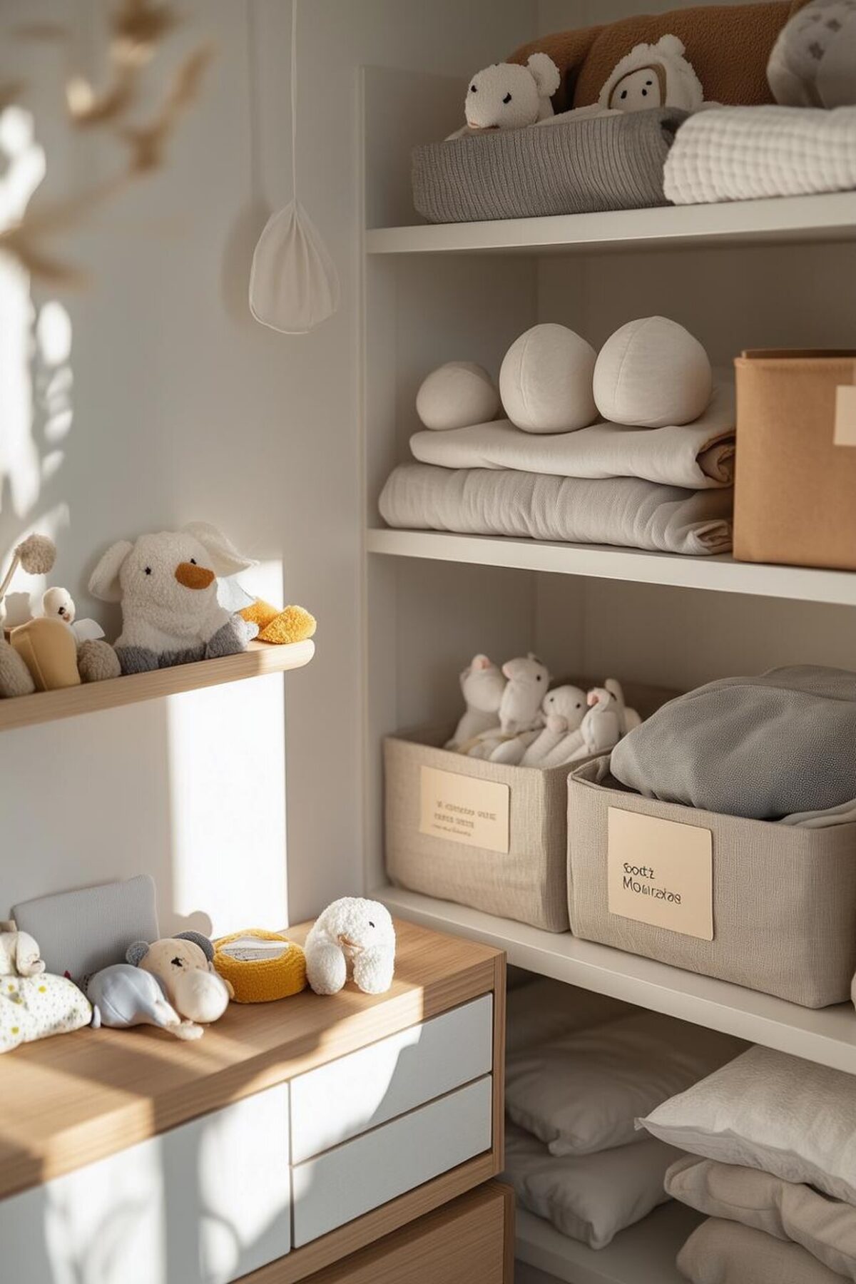 Étagères ouvertes avec linge plié, paniers étiquetés, peluches et commode basse dans une chambre d’enfant lumineuse.
