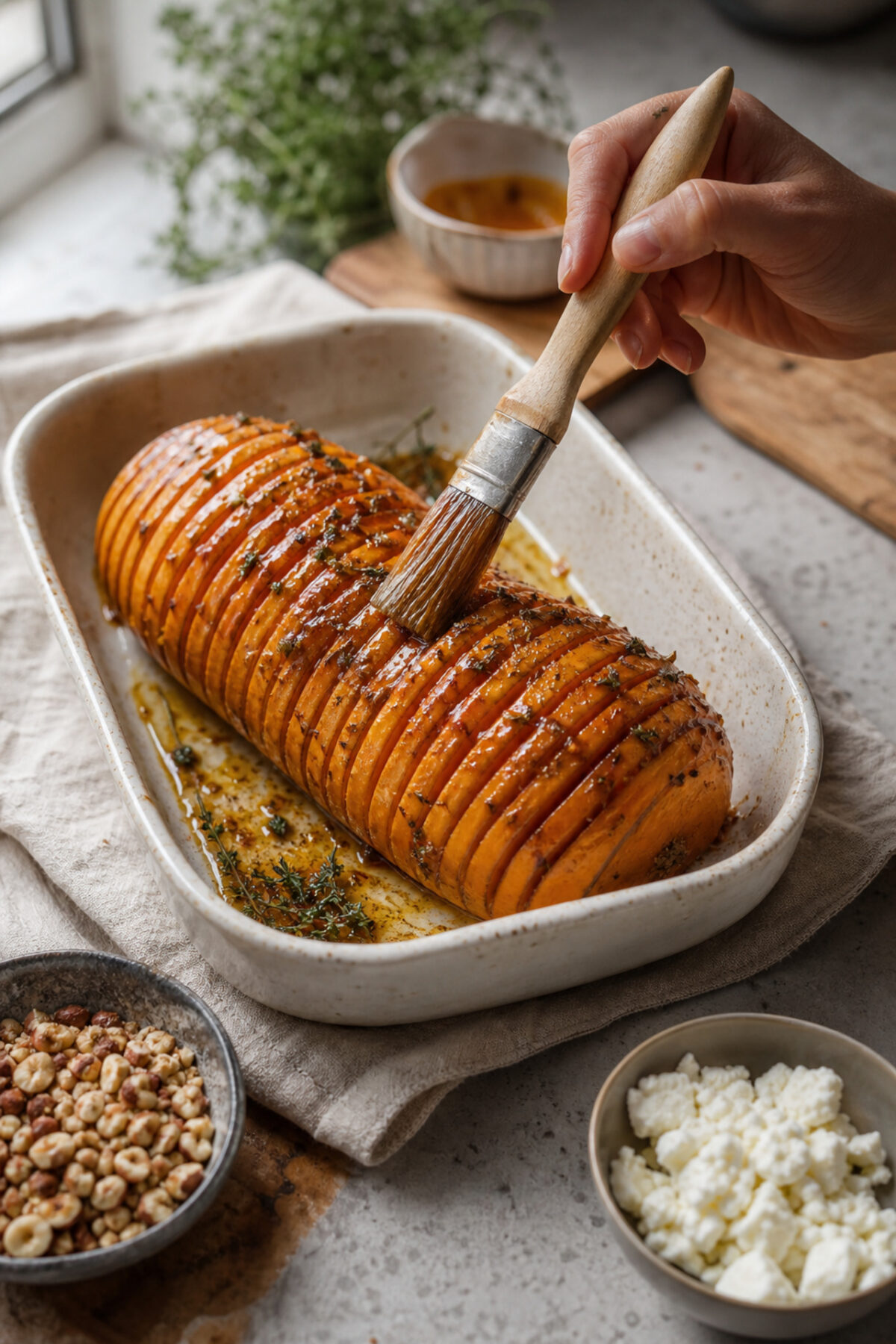 butternut Hasselback précuite badigeonnée au pinceau avec un mélange de miel, huile, paprika et thym