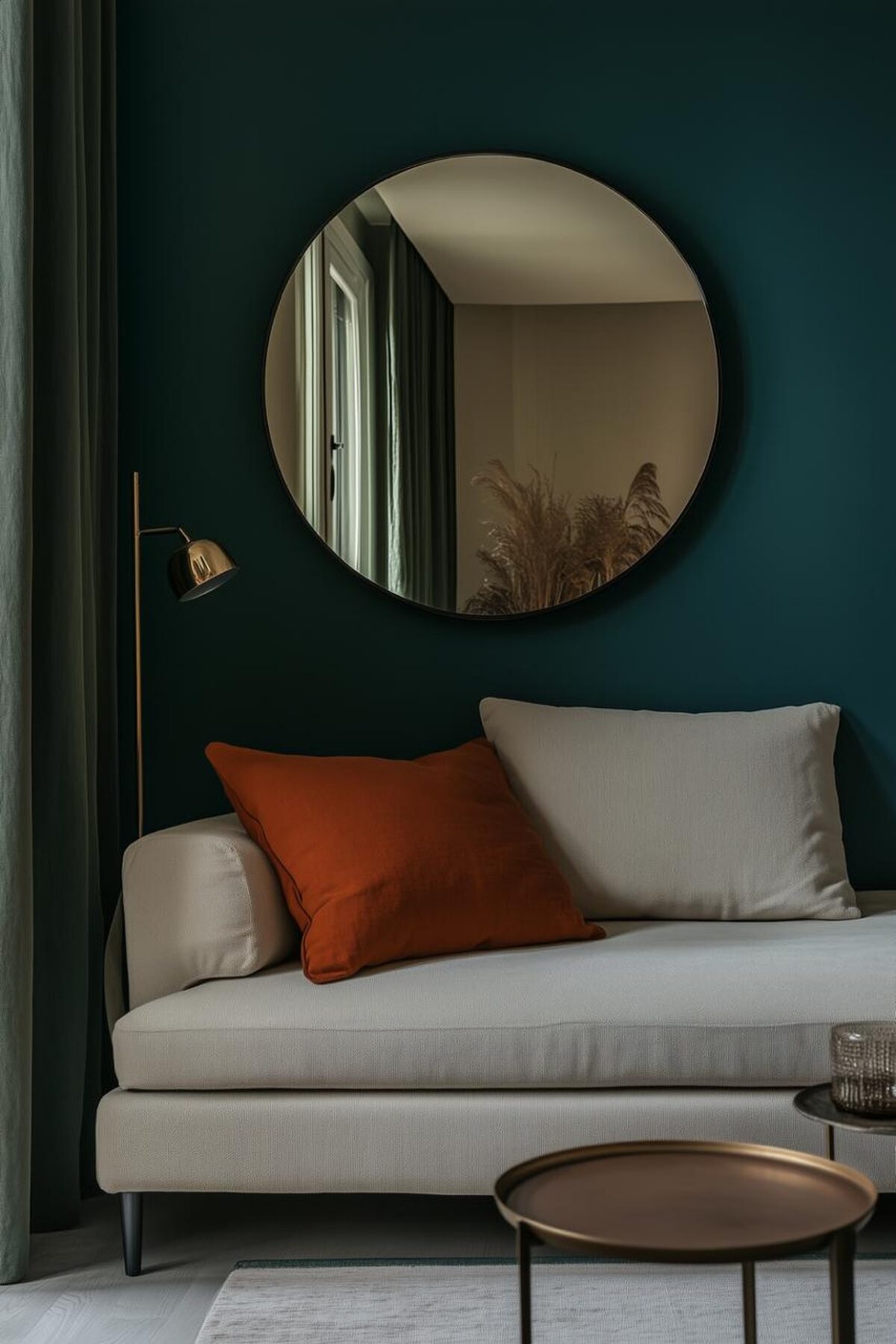 Banquette-lit crème avec coussin terracotta, miroir rond et mur bleu vert dans un salon élégant