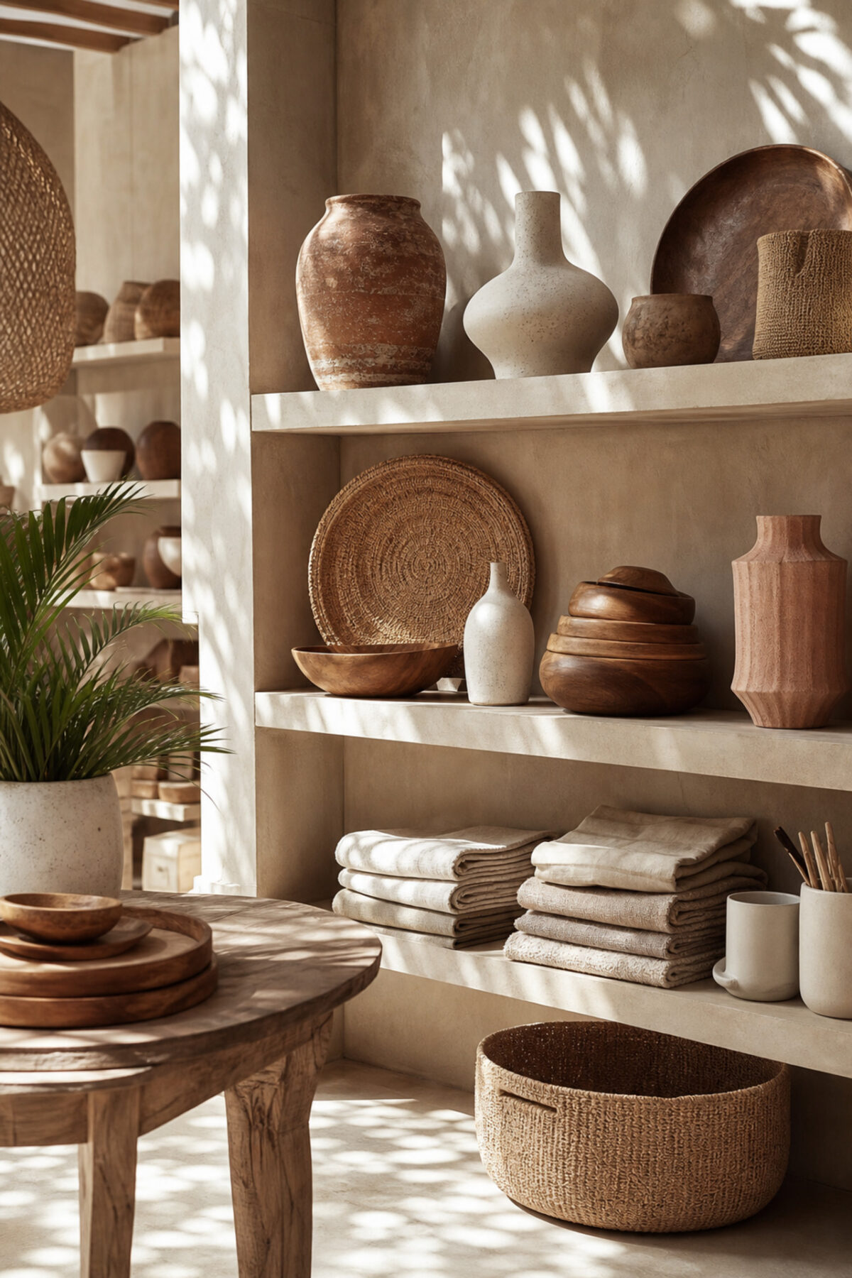 étagères de concept store à Bali avec céramiques artisanales, paniers tressés, plateaux en rotin, textiles en lin et objets en bois