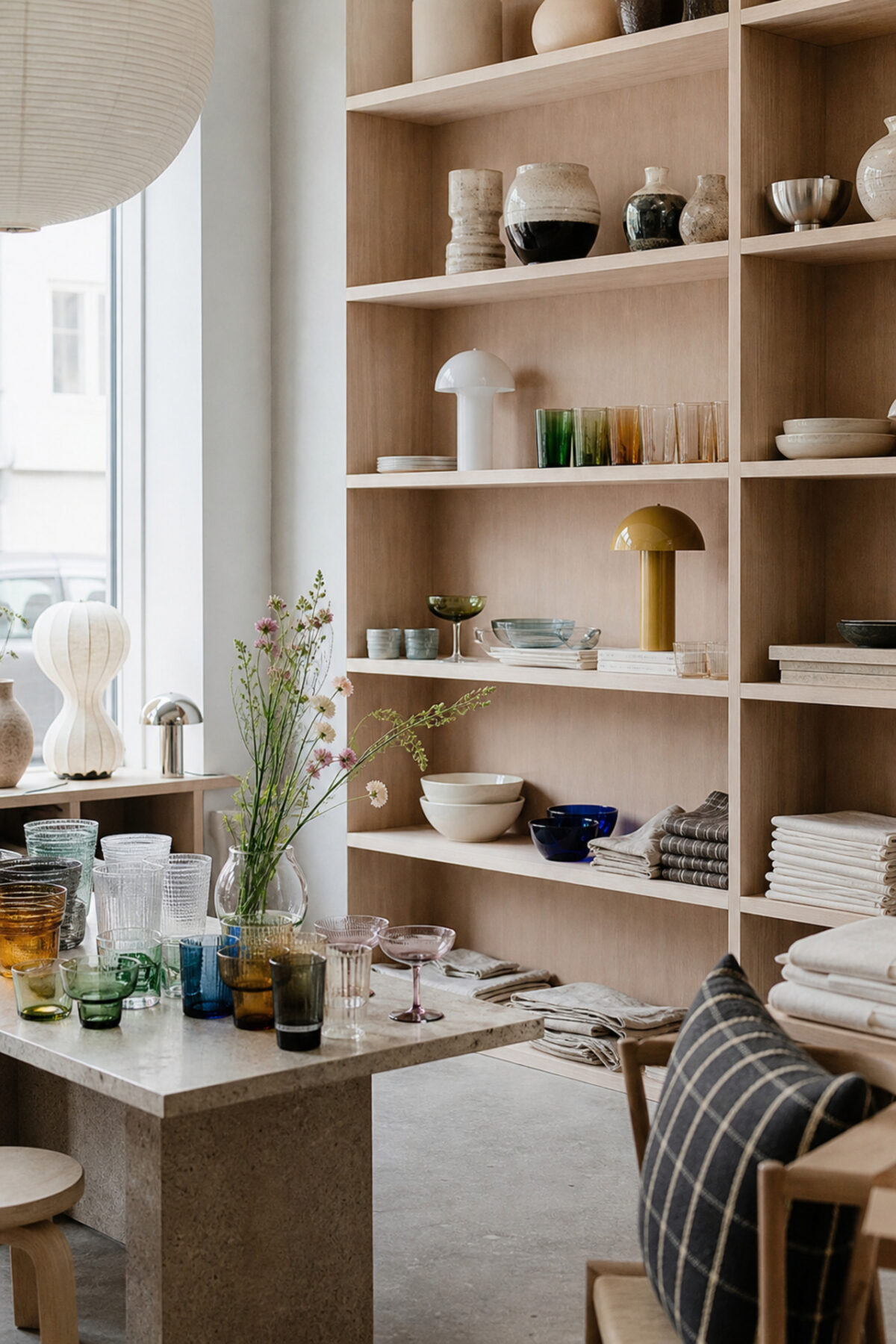étagères de boutique design danois à Copenhague avec céramiques, verrerie colorée, lampes minimalistes, textiles en lin et bois clair