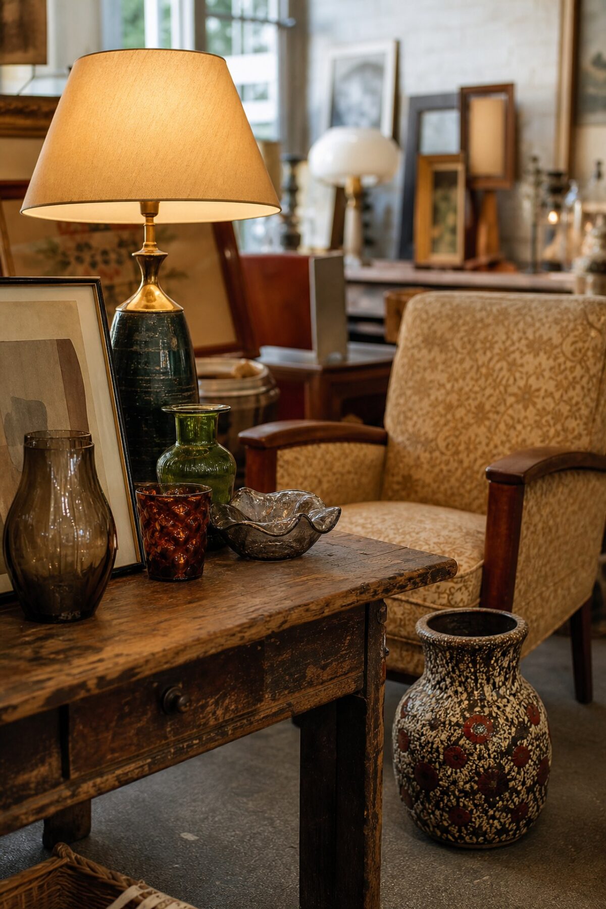 brocante à Lyon avec lampe vintage, fauteuil ancien, cadres, verrerie et vase en céramique