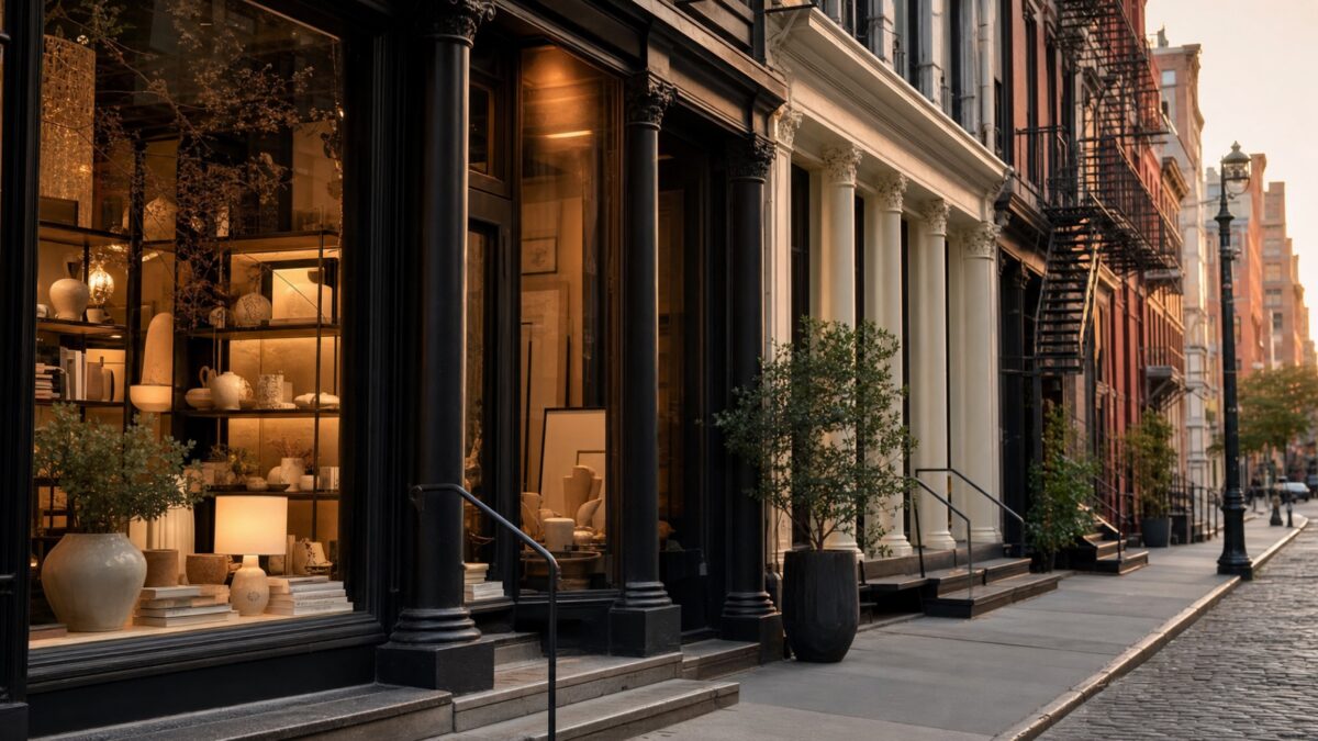 rue de SoHo à New York avec vitrines de boutiques déco, façades en fonte noire et objets design éclairés