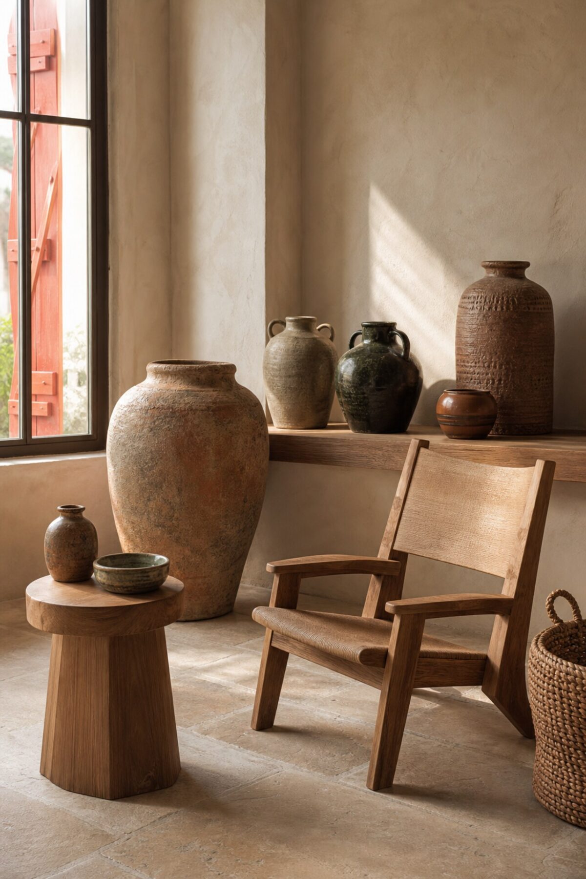 céramiques artisanales et fauteuil en bois dans un showroom inspiré du Pays basque avec mur enduit, volet rouge et lumière chaude