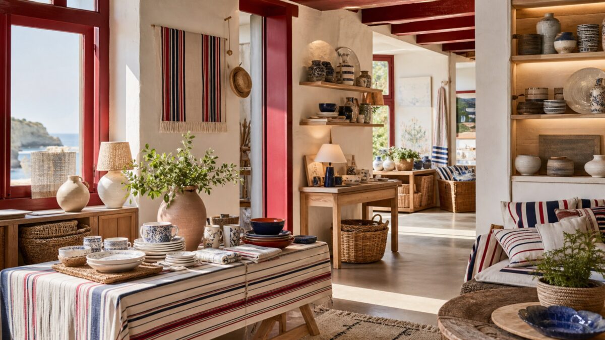boutique déco au Pays basque avec linge rayé basque, céramiques artisanales, paniers en osier, mobilier en bois et volets rouges face à la mer