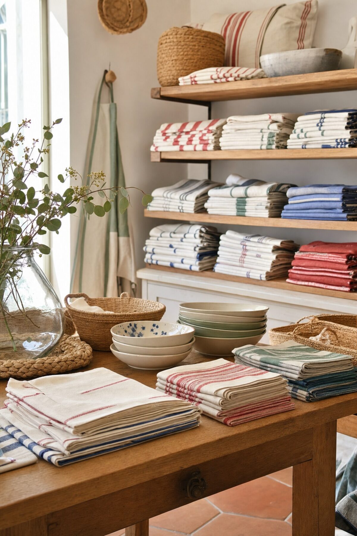 linge basque plié dans une boutique déco avec rayures rouges, bleues et vertes, paniers en osier, bols en céramique et table en bois