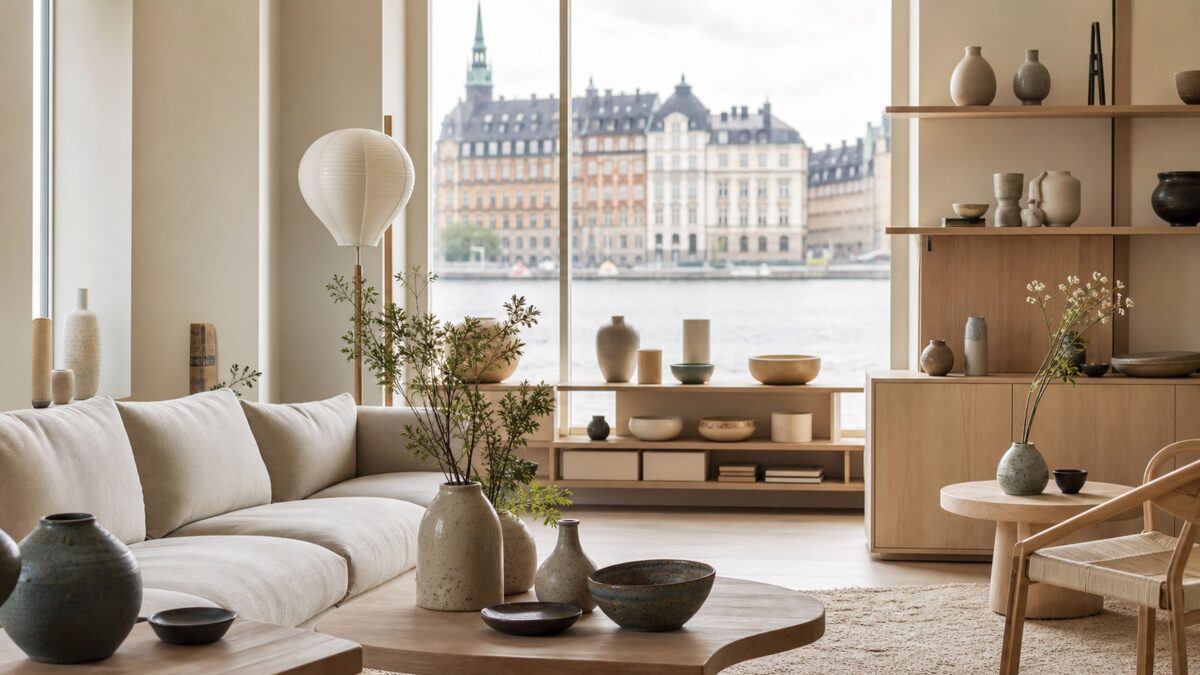 bonnes adresses déco à Stockholm dans un showroom scandinave avec canapé en lin, bois clair, céramiques et vue sur l’eau