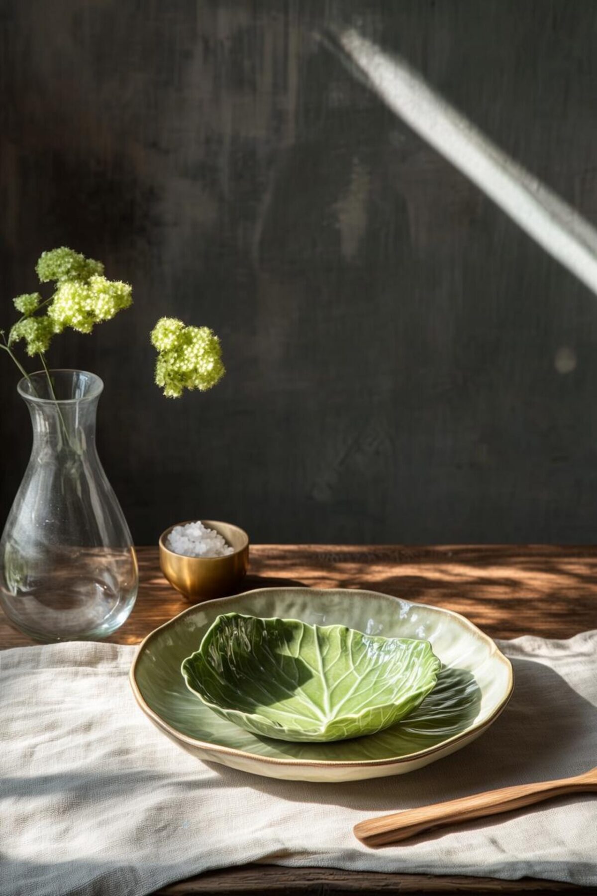 Assiette feuille de chou verte Bordallo Pinheiro sur une table en bois avec vase en verre, fleurs vertes et linge en lin clair