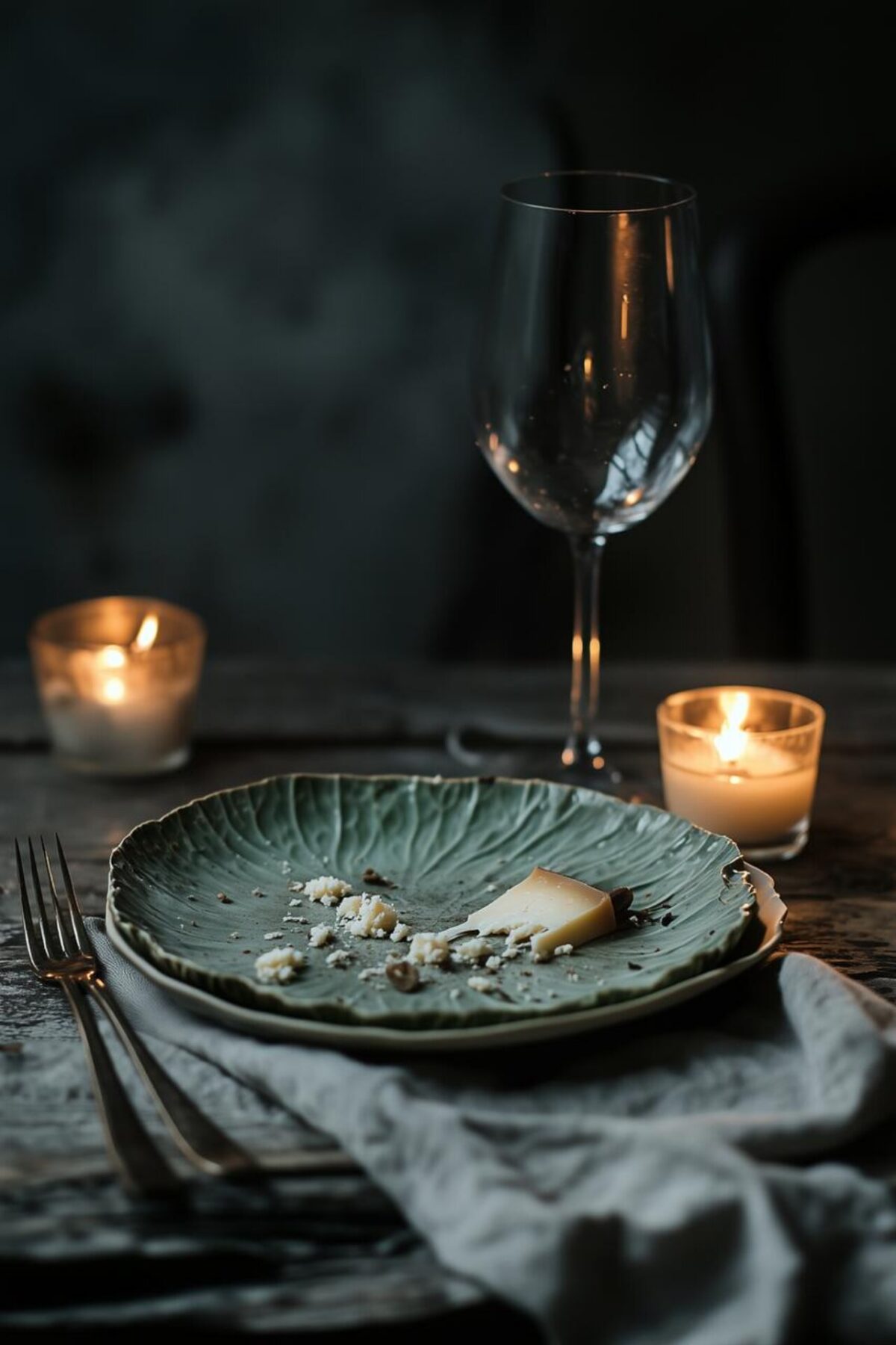 Assiette feuille vert bleuté sur une table en bois, avec verre à vin et bougies après un dîner intimiste