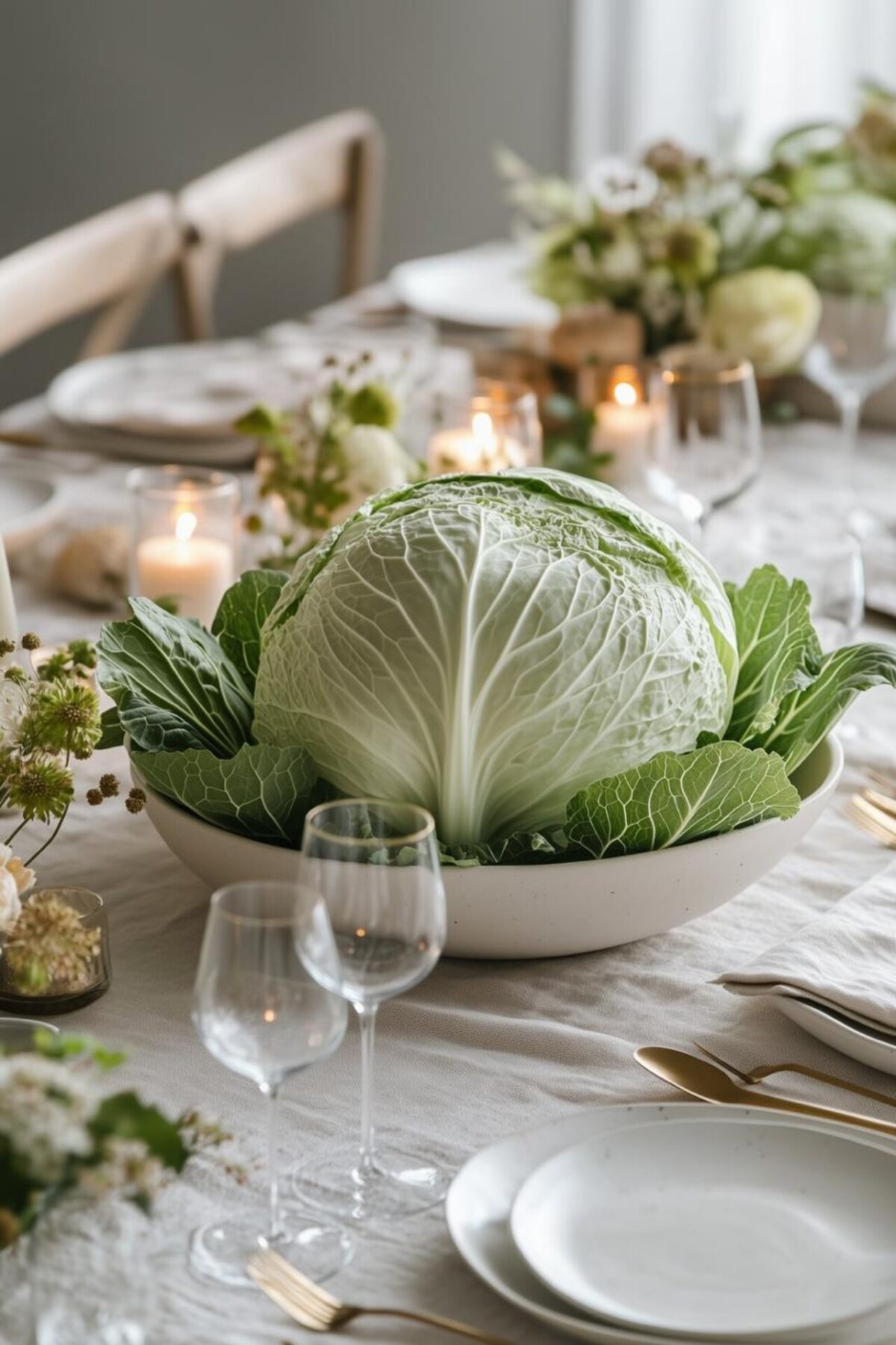Centre de table avec chou décoratif dans un grand plat blanc, bougies, fleurs blanches et vaisselle claire pour une grande tablée