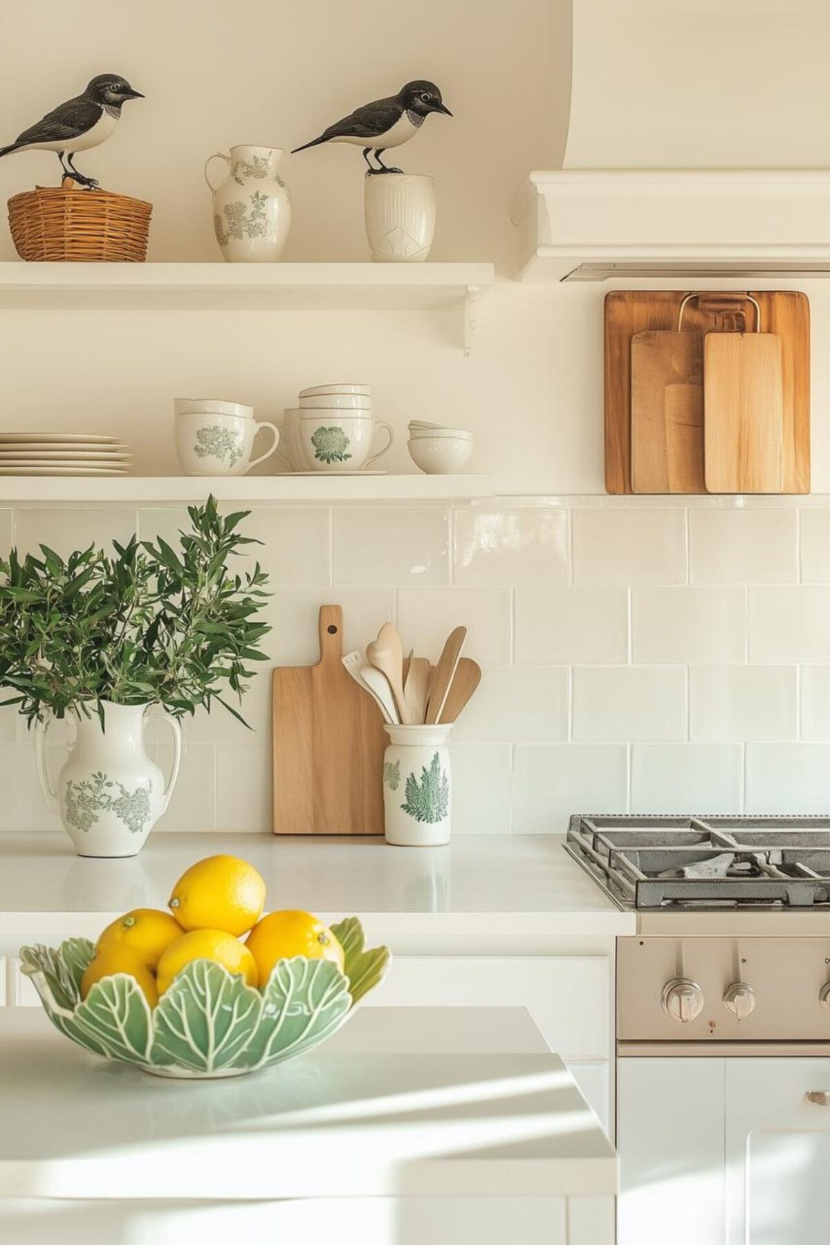 Cuisine blanche lumineuse avec bol en forme de feuilles rempli de citrons et accessoires botaniques verts