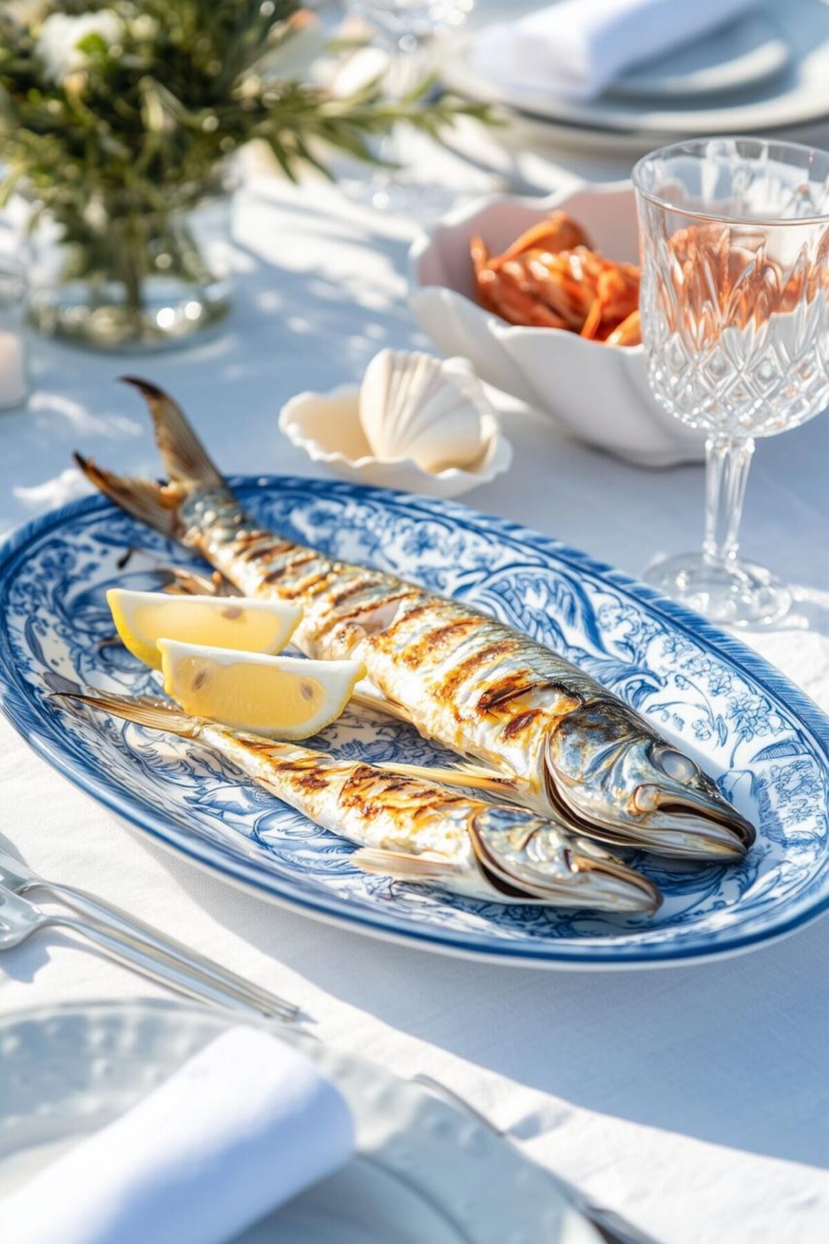 Poisson grillé servi sur un plat bleu et blanc avec quartiers de citron, verre travaillé et coquillage sur une table lumineuse