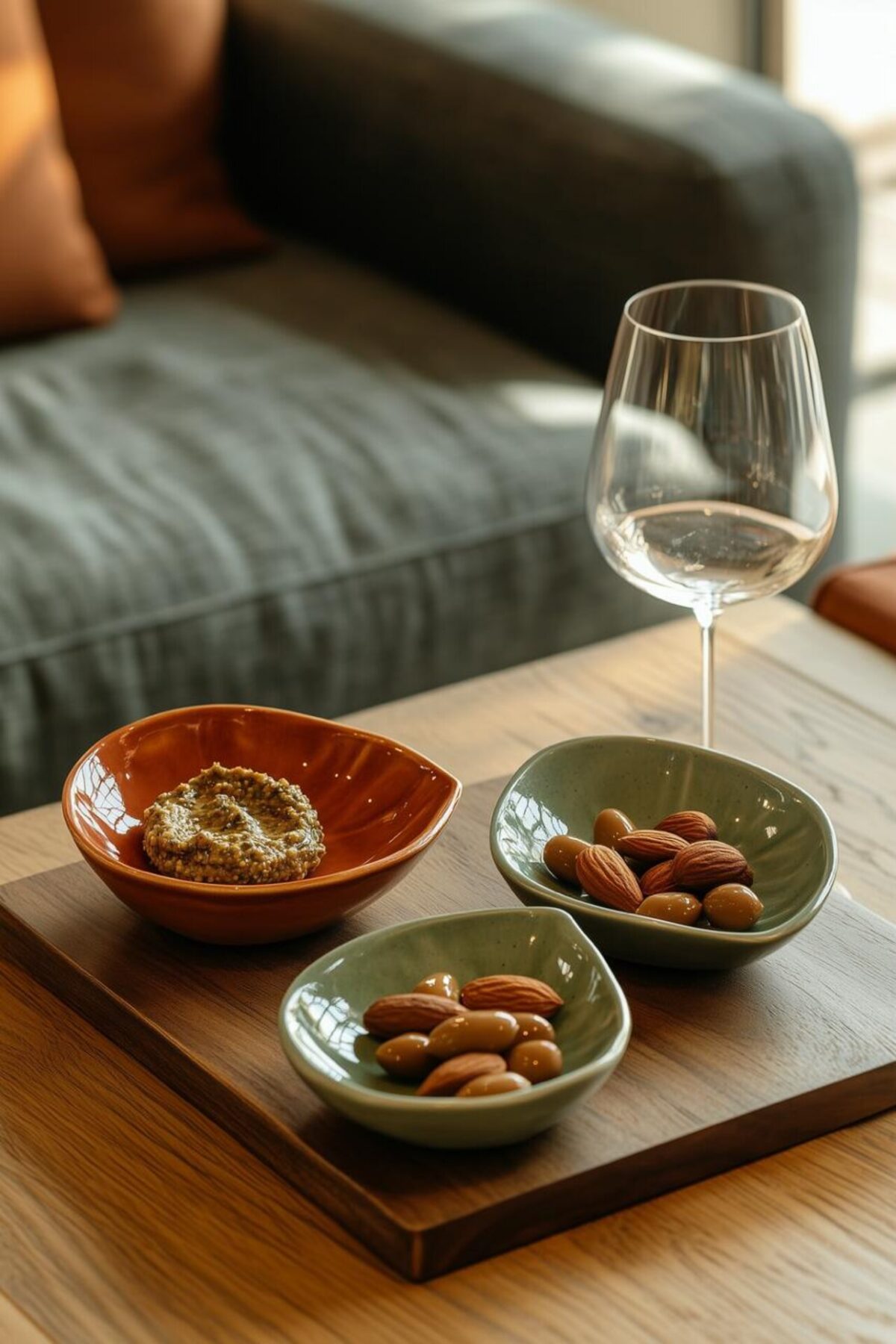 Plateau apéritif avec trois coupelles en céramique vert sauge et terracotta, olives, amandes, tartinade et verre à vin