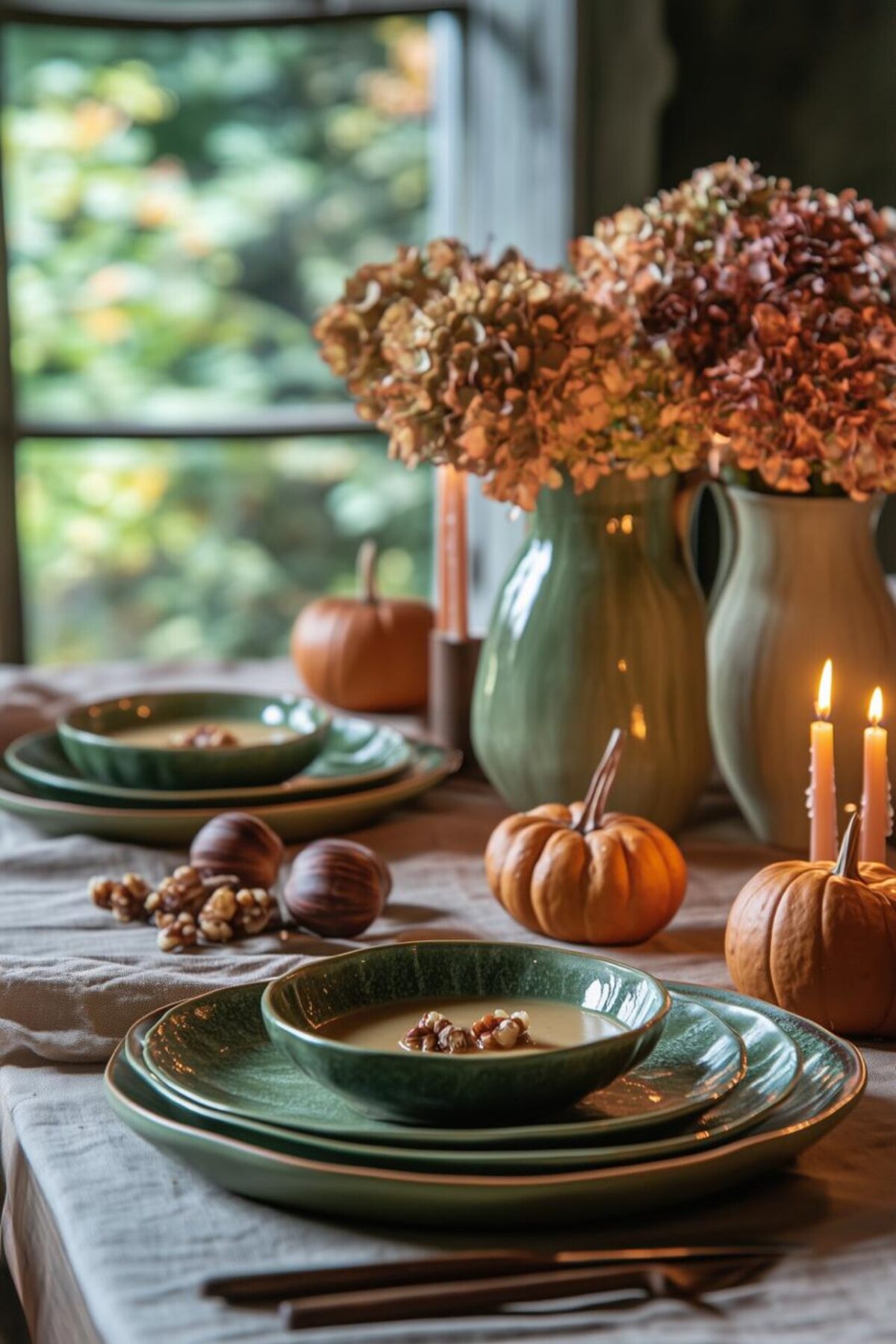 Table d’automne avec vaisselle verte Bordallo Pinheiro, soupe, noix, mini citrouilles et fleurs séchées