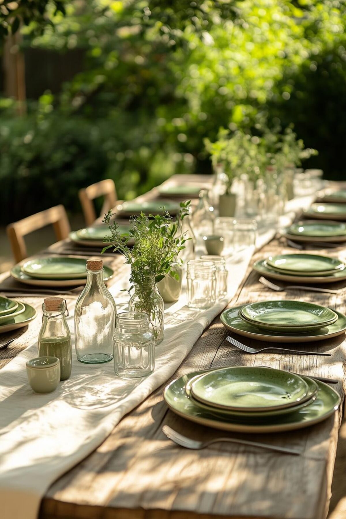 Grande table de jardin en bois avec assiettes vertes, chemin de table clair, bocaux en verre et feuillages