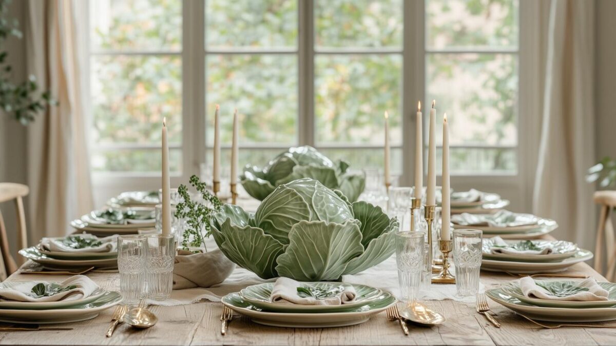Table élégante dressée avec vaisselle verte façon feuille de chou, bougies et centre de table végétal Bordallo Pinheiro