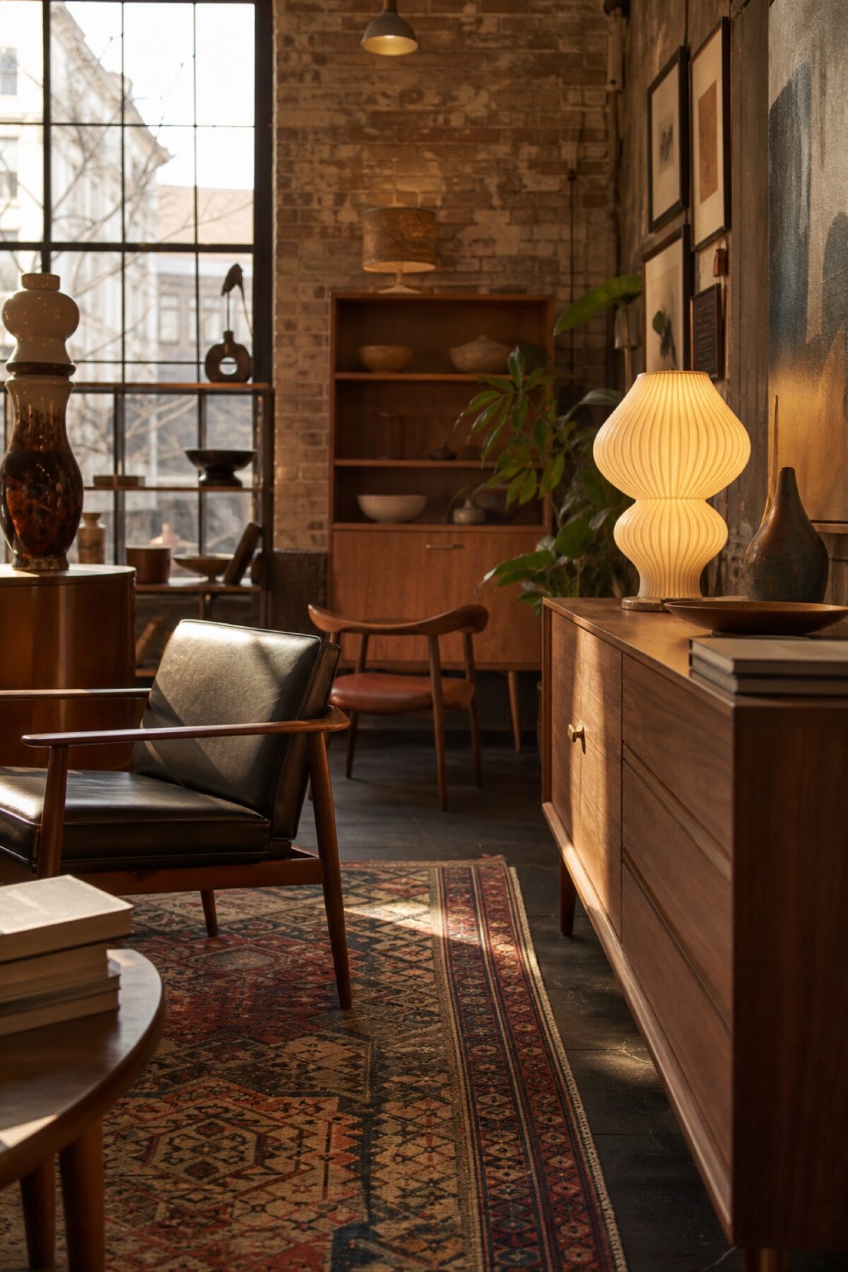 boutique vintage à Brooklyn avec fauteuil mid-century, buffet en bois, lampe rétro et mur en briques