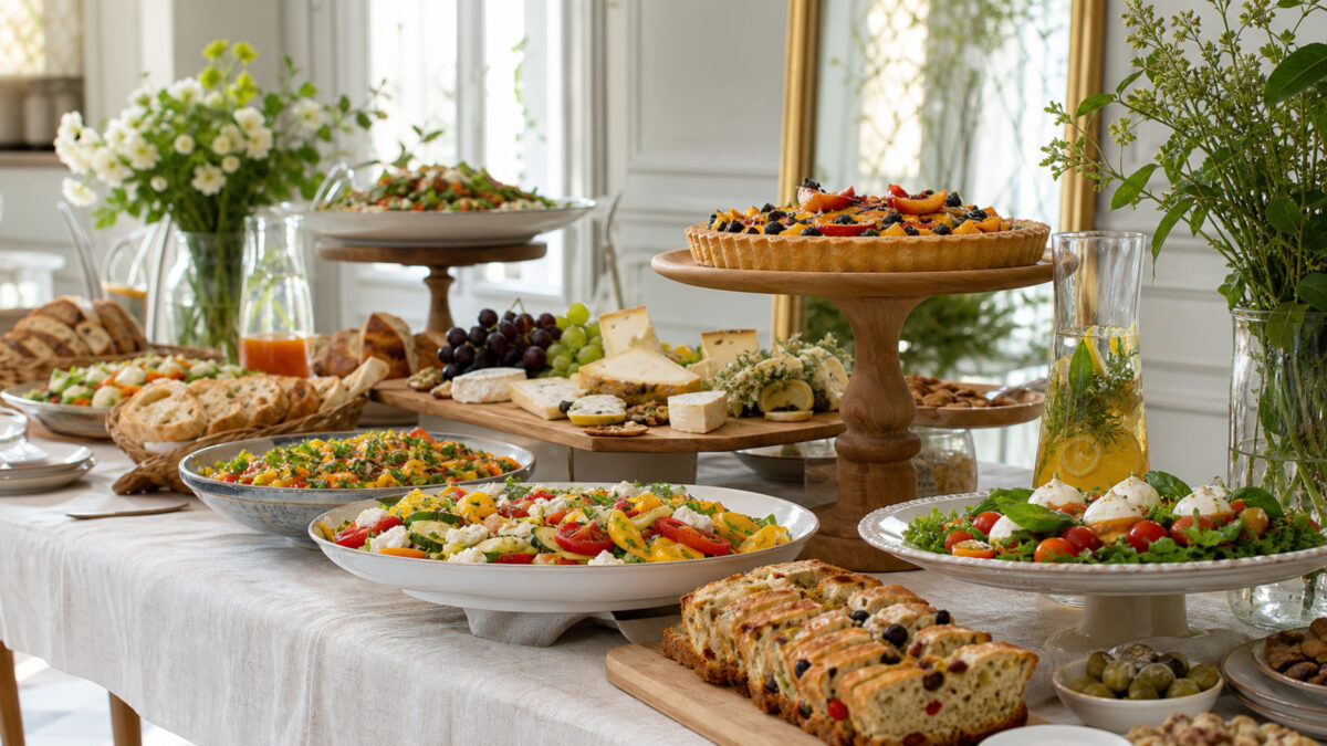 buffet froid pour 10, 20 ou 30 personnes présenté sur une table en lin avec salades, cake salé, fromages et dessert