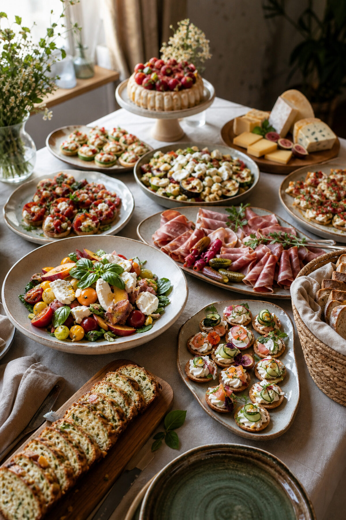 menu de buffet froid pour dix personnes avec salades composées, cake salé, bouchées, fromage et gâteau aux fruits
