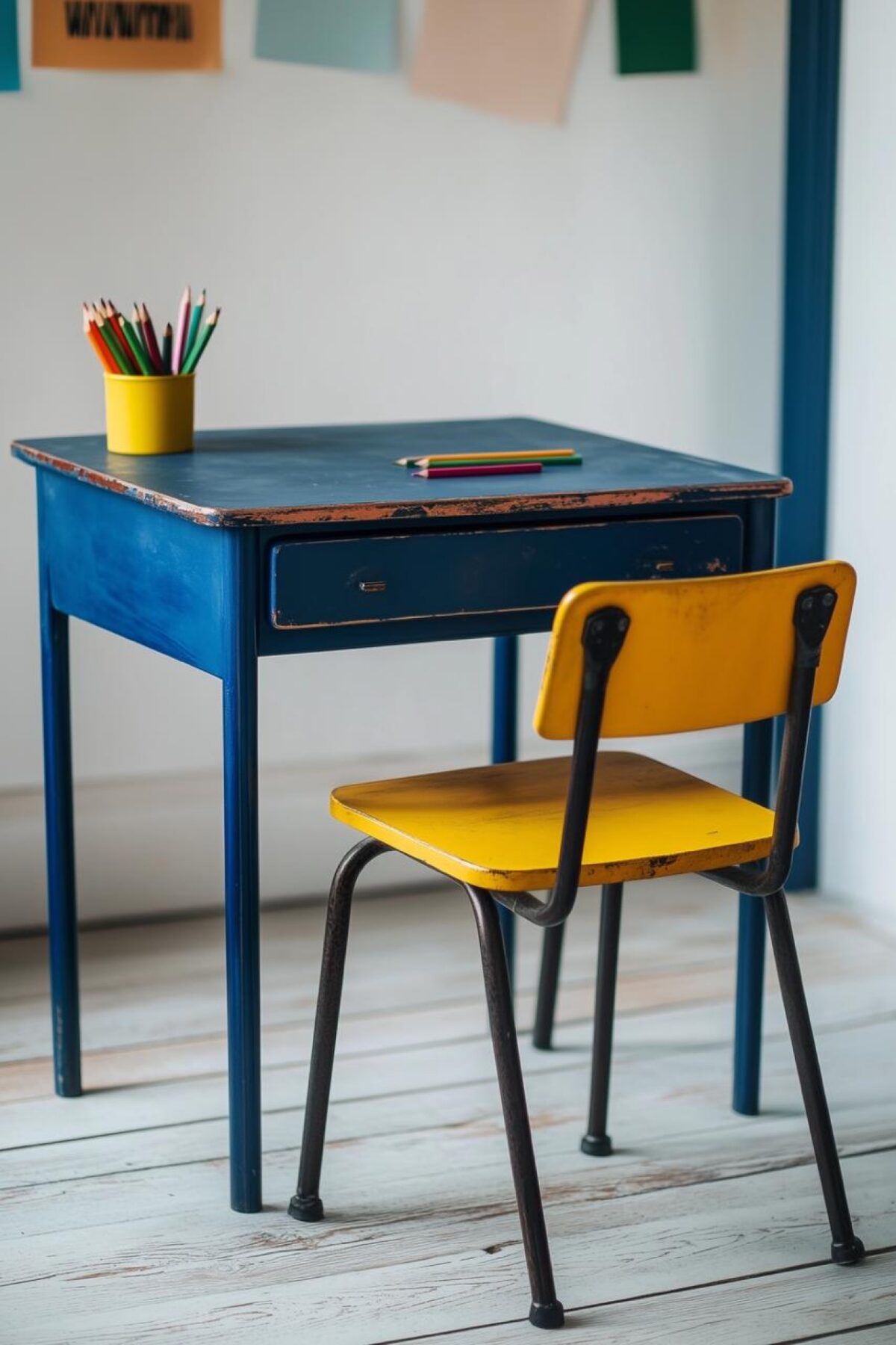 Bureau d’écolier relooké en bleu avec chaise jaune et accessoires colorés